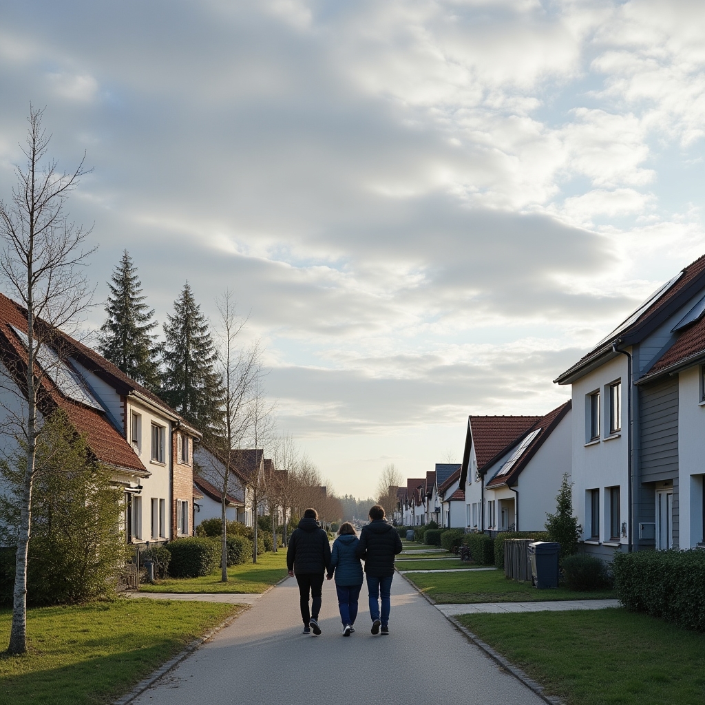 Coastal residential neighbourhood in Pomorze region, northern Poland, with rooftops under partly cloudy Baltic sky