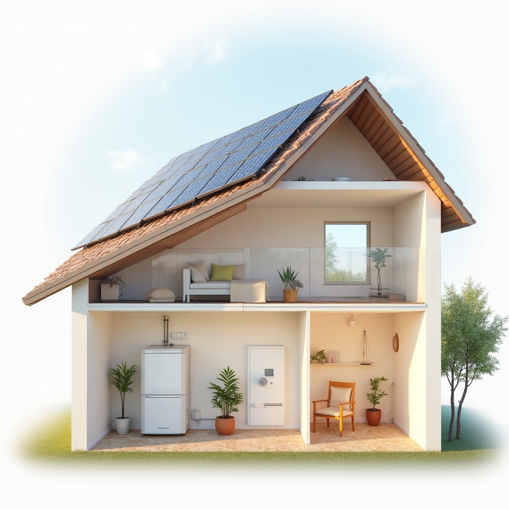 Diagram illustrating how a residential photovoltaic system connects panels, inverter, and the Polish grid