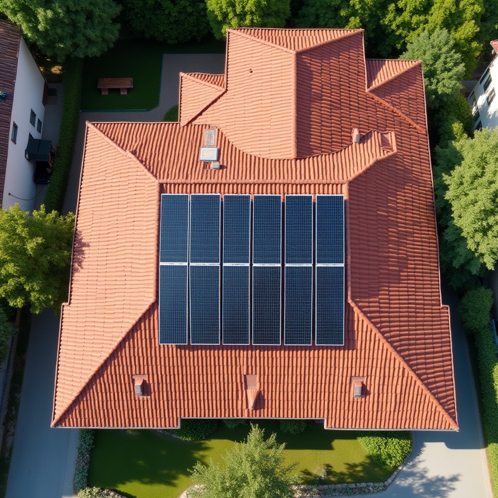 Aerial view of a Polish suburban house roof with photovoltaic panels arranged in optimal layout